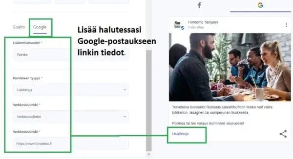 Fonecta Connect Asiakasohjeet Julkaisukalenterin kautta julkaisu Google postauksen lisätiedot