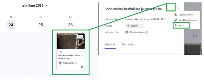Fonecta Connect Asiakasohjeet TikTok-julkaisun poisto kalenterista