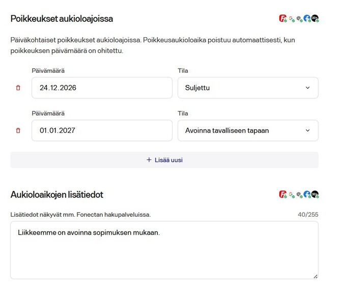 Fonecta Connect Editori tietojen päivitys Aukioloajat poikkeukset