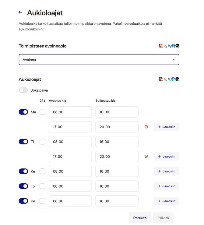 Fonecta Connect Editori tietojen päivitys Aukioloajat