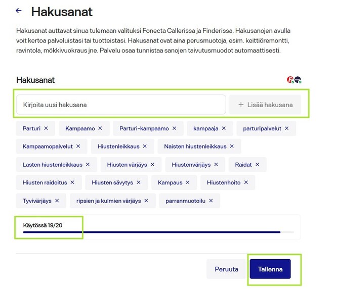 Fonecta Connect Editori tietojen päivitys Hakusanat päivitys