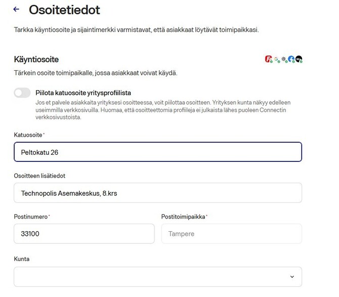 Fonecta Connect Editori tietojen päivitys Osoitetiedot