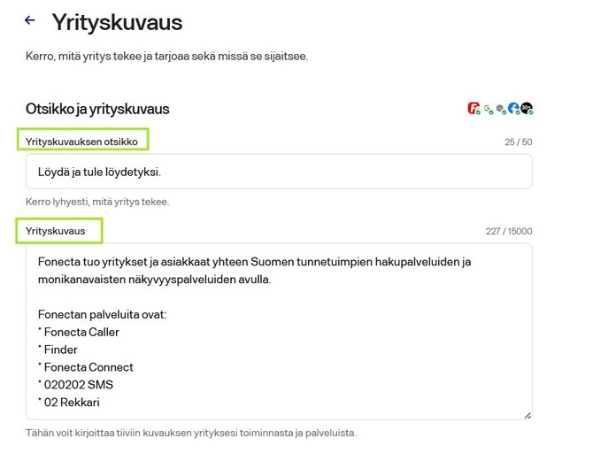 Fonecta Connect Editori tietojen päivitys Yrityskuvaus