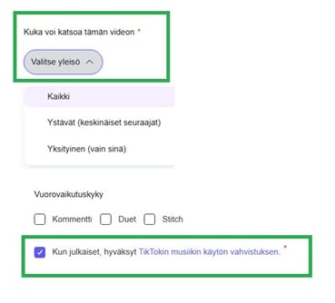 Fonecta Kontakti Asiakasohjeet TikTok julkaisu valinnat