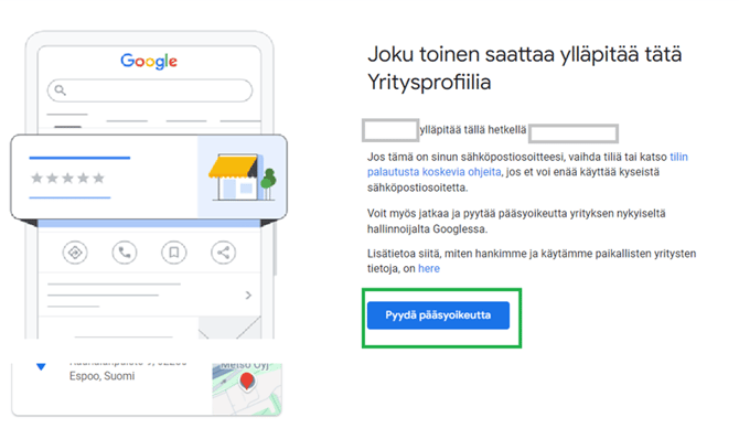 Asiakasohjeet - Fonecta Kontakti - Google-yritysprofiilin vahvistaminen - Hallintaoikeus